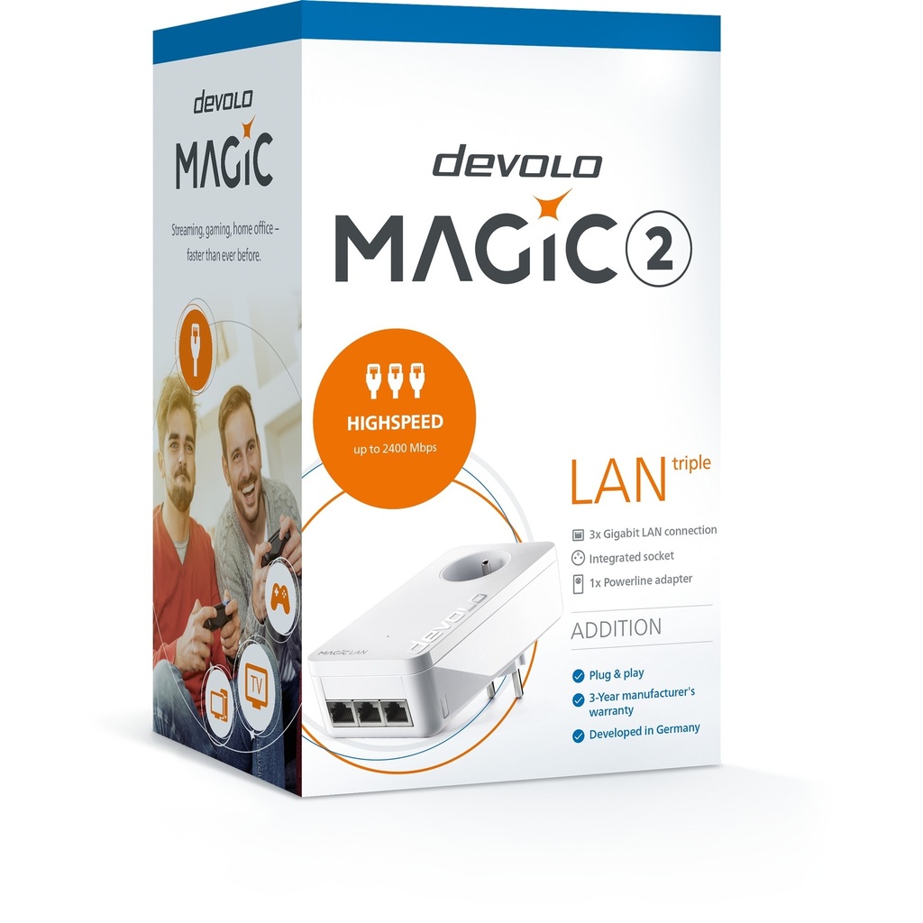 Devolo Magic 2 LAN triple - 2400 Mbit/s - IEEE 802.1p - IEEE 802.3 - IEEE 802.3ab - IEEE 802.3az - IEEE 802.3u - IEEE 802.3x - Gigabit Ethernet - 10,100,1000 Mbit/s - 10BASE-T - 100BASE-TX - 1000BASE-T - 64-QAM - 256-QAM - 1024-QAM - 4096-QAM - BPSK - OFDM - QPS