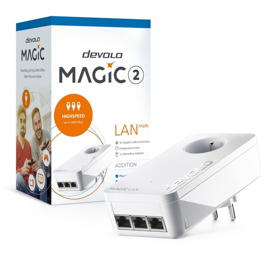 Devolo Magic 2 LAN triple - 2400 Mbit/s - IEEE 802.1p - IEEE 802.3 - IEEE 802.3ab - IEEE 802.3az - IEEE 802.3u - IEEE 802.3x - Gigabit Ethernet - 10,100,1000 Mbit/s - 10BASE-T - 100BASE-TX - 1000BASE-T - 64-QAM - 256-QAM - 1024-QAM - 4096-QAM - BPSK - OFDM - QPS